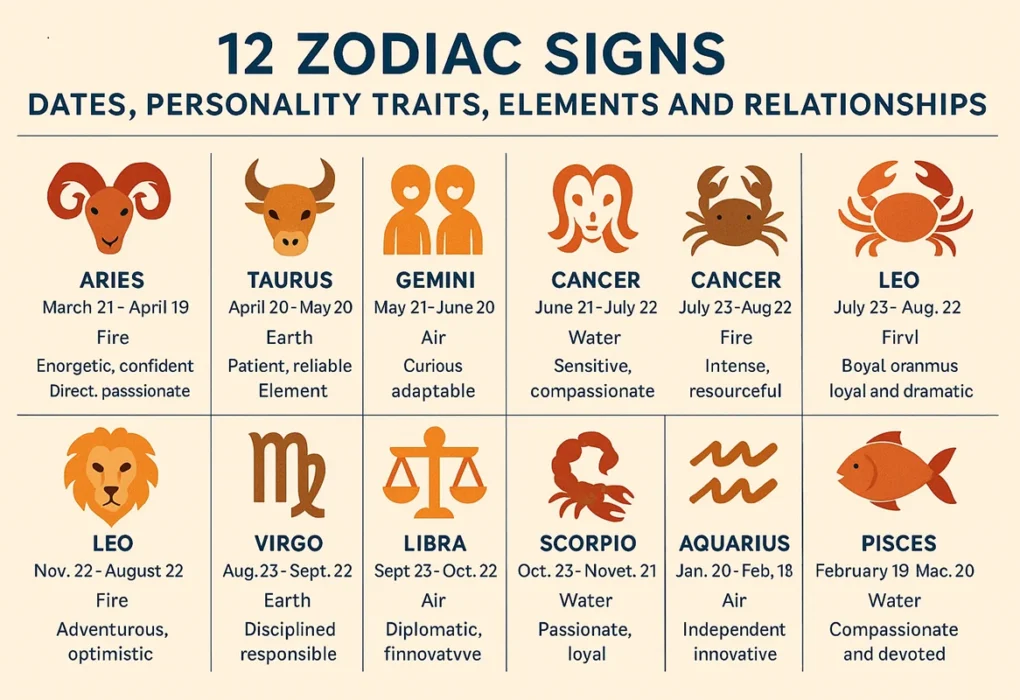 12 Zodiac Signs: Dates, Personality Traits, Elements and Relationships All About 12 Zodiac Signs