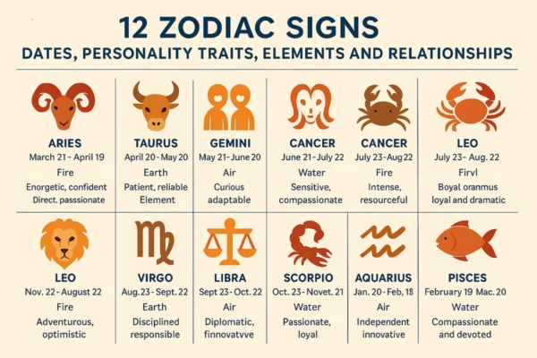 12 Zodiac Signs: Dates, Personality Traits, Elements and Relationships All About 12 Zodiac Signs